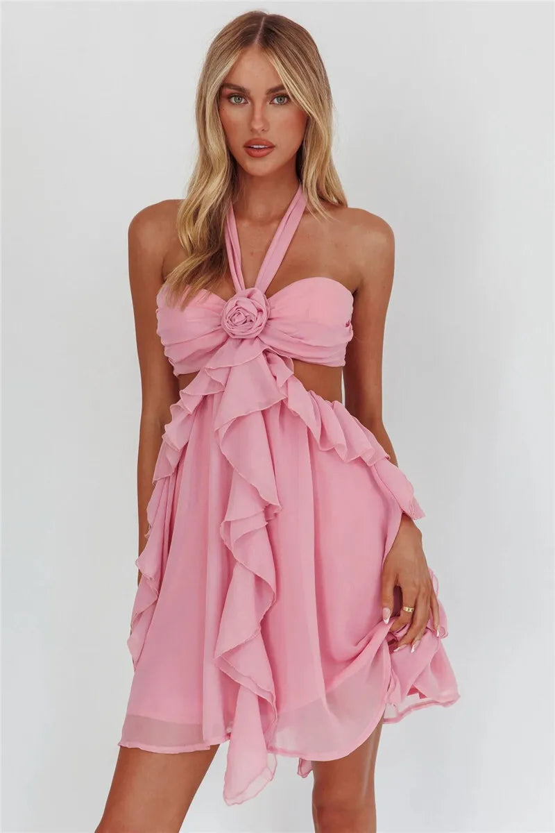 Rose Halter Backless Sexy Mini Dress Women Pink Off-shoulder Strapless Sleeveless High Waist Club Party Beach Dress