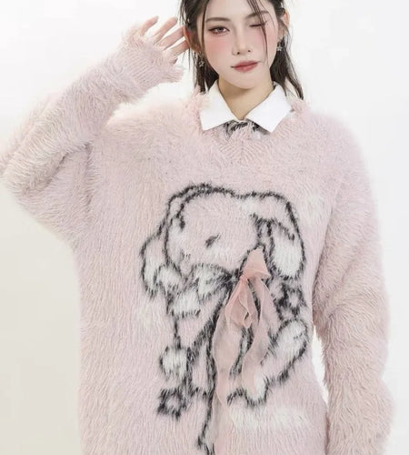 Y2k Aesthetic Women Sweet Cartoon Jacquard Sweaters New Grunge Vintage Bow Hole Jumpers Loose Knitted Harajuku Pullovers Female