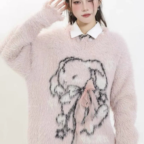 Load image into Gallery viewer, Y2k Aesthetic Women Sweet Cartoon Jacquard Sweaters New Grunge Vintage Bow Hole Jumpers Loose Knitted Harajuku Pullovers Female
