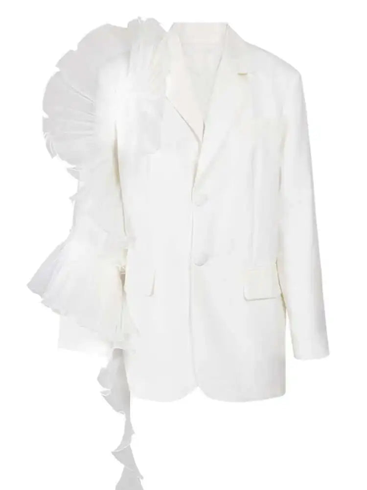 Women Black Organza Ruffles Big Size Blazer New Lapel Long Sleeve Loose Fit Jacket Fashion Spring Autumn 2025 1DE392101