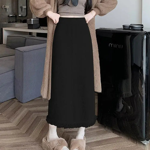 Load image into Gallery viewer, Vintage Women Black White Tassel Elegant High Waist Party Long Skirt 2024 Autumn Winter Khaki Straight Wrap Hip Knitted Skirts
