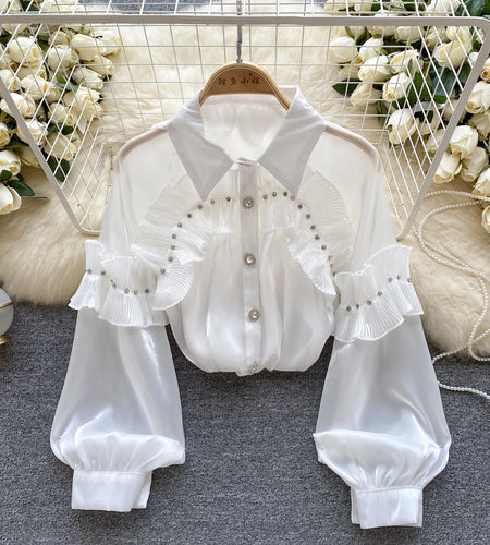 Women French Solid Diamond Ruffles Shirt Autumn Office Turn-down Collar Loose Lantern Sleeve Blouses Korean Fashion Elegant Tops