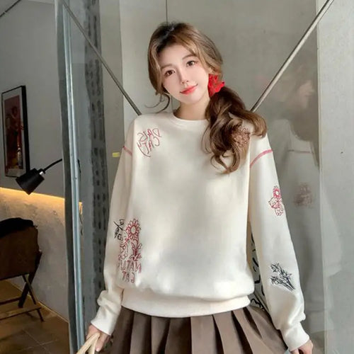 Load image into Gallery viewer, Autumn Winter New Beige Letter Embroidery Velvet Sweatshirt Thick Women French Vintage Loose Long Sleeved Vacation Pullover Tops
