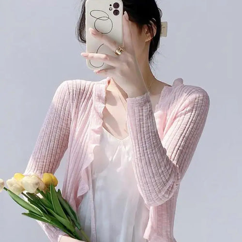 Load image into Gallery viewer, New Spring Summer Solid Long Sleeved Festival Elegant Slim Cardigan Knitted Tops Ladies Sun Protection Lace-up Ruffle Edge Coat
