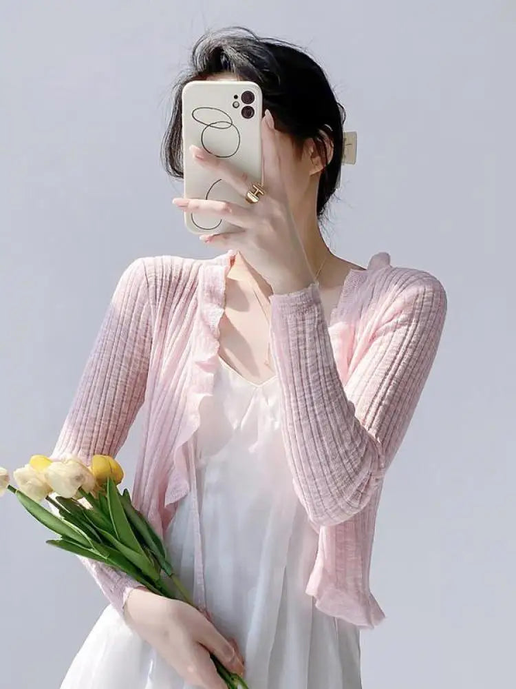 New Spring Summer Solid Long Sleeved Festival Elegant Slim Cardigan Knitted Tops Ladies Sun Protection Lace-up Ruffle Edge Coat