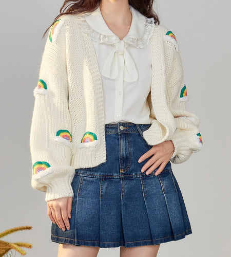 Handmade Chunky Knit Tops Women Fashion Cropped Knitted Cardigan Sweater 90s Rainbow Streetwear C-048