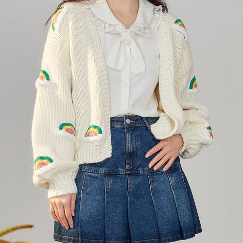 Load image into Gallery viewer, Handmade Chunky Knit Tops Women Fashion Cropped Knitted Cardigan Sweater 90s Rainbow Streetwear C-048
