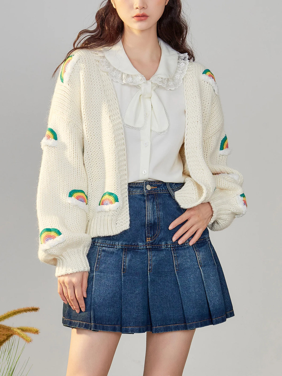 Handmade Chunky Knit Tops Women Fashion Cropped Knitted Cardigan Sweater 90s Rainbow Streetwear C-048