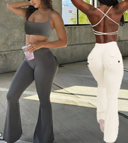 Nude Pocket Button Flare Leggings High Waist Wide Leg Yoga Pant Women Gym Fitness Sport Latin Dance Trousers Active Bottoms
