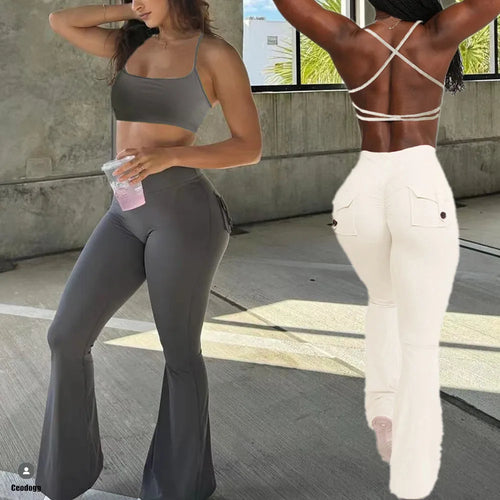 Load image into Gallery viewer, Nude Pocket Button Flare Leggings High Waist Wide Leg Yoga Pant Women Gym Fitness Sport Latin Dance Trousers Active Bottoms
