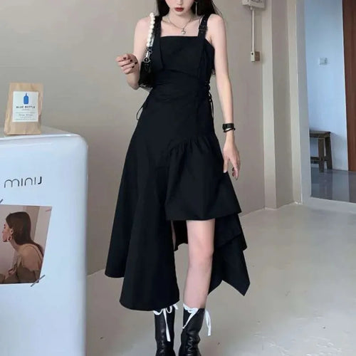 Load image into Gallery viewer, Harajuku Black Slip Dress Korean Style Streetwear Women Summer Sundress Goth Gothic Punk Midi Dress Bandage Party
