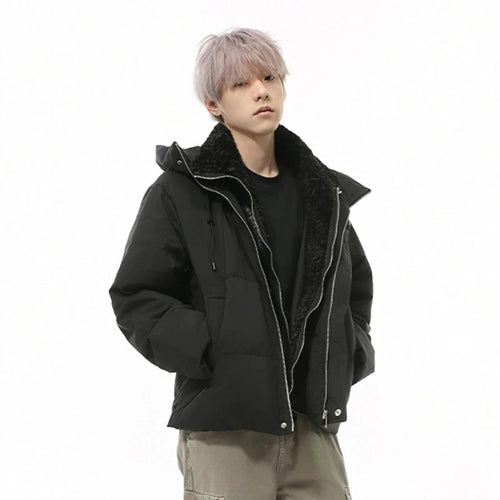 Load image into Gallery viewer, Niche Design Men&#39;s Down Jackets Fake Two-piece Hooded Stand Collar Solid Color Drawstring Casual Short Male Coats 9C9327
