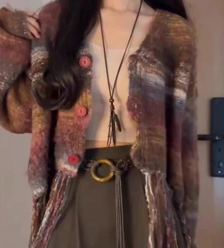 Vintage Iridescence Tassels Crop Cardigan Y2k Aesthetic Single Breasted Sweater Coat Autumn Harajuku Kardigany Jumper Pull Femme