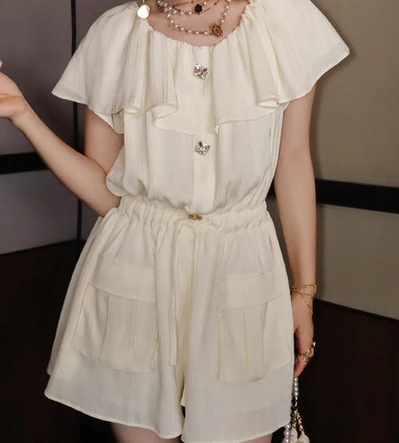 Solid Spliced Button Elegant Rompers for Women Slash Neck Short Sleeves Patchwork Ruffles Folds Romper Female New