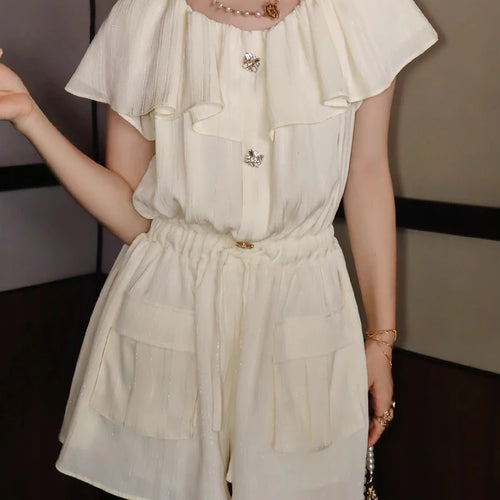 Load image into Gallery viewer, Solid Spliced Button Elegant Rompers for Women Slash Neck Short Sleeves Patchwork Ruffles Folds Romper Female New
