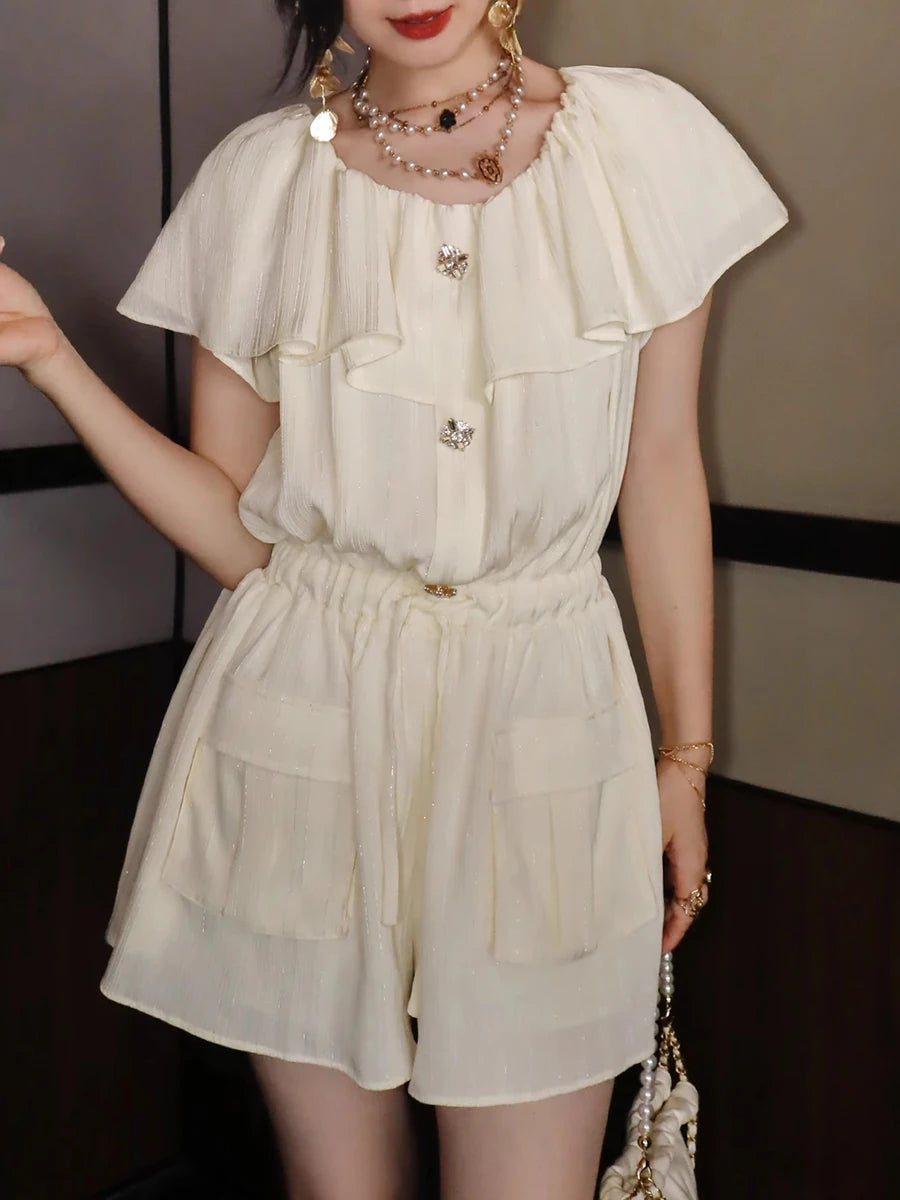 Solid Spliced Button Elegant Rompers for Women Slash Neck Short Sleeves Patchwork Ruffles Folds Romper Female New