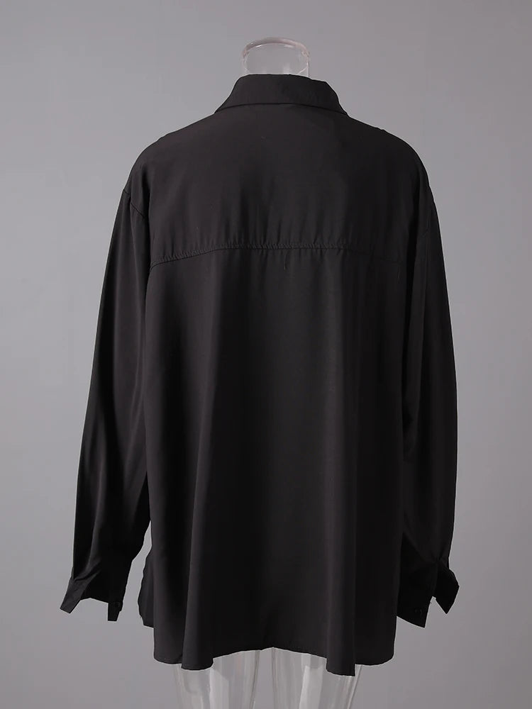 Women Black Printed Patch Spliced Big Size Blouse New Lapel Long Sleeve Shirt Fashion Tide Spring Autumn 2025 21F3676