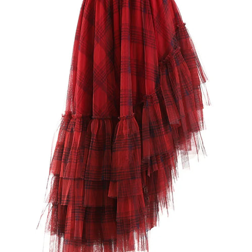 Load image into Gallery viewer, High Elastic Waist Red Plaid Mesh Irregular Long Casual Half-body Skirt Women Fashion Tide New Spring Autumn 2025 1DF1247
