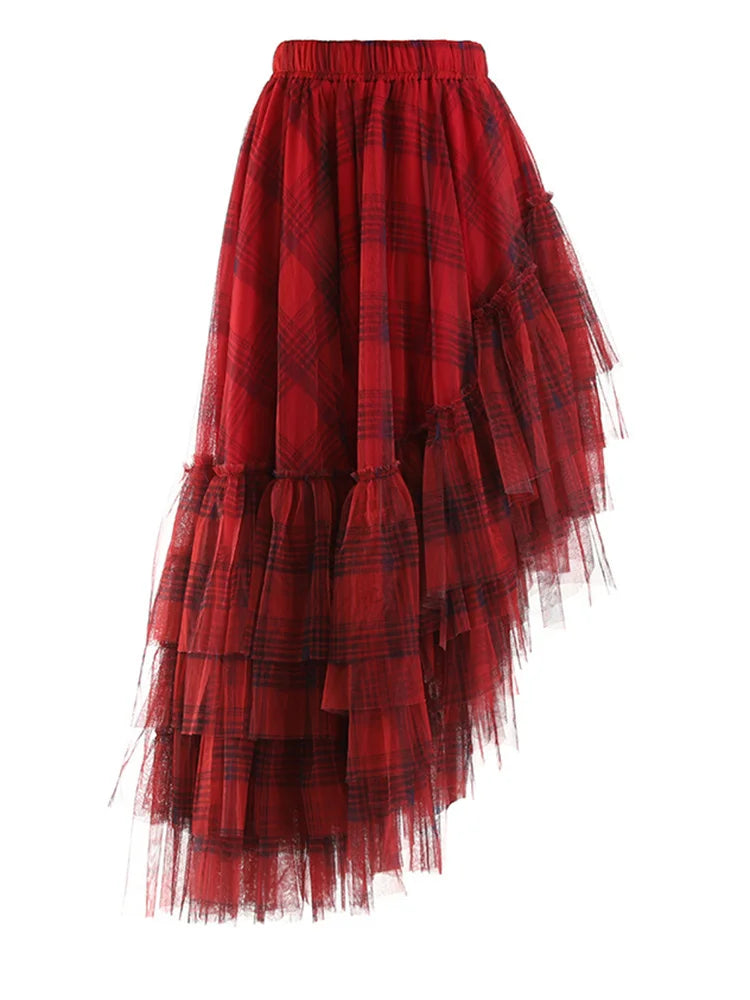 High Elastic Waist Red Plaid Mesh Irregular Long Casual Half-body Skirt Women Fashion Tide New Spring Autumn 2025 1DF1247