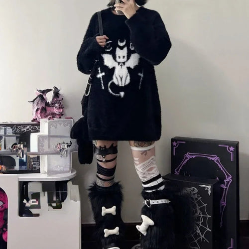 Load image into Gallery viewer, Harajuku Gothic Casual Oversized Knitted Jumpers Grunge Cartoon Sweater Fashion Knitwear Y2k Aesthetic Balack Loose Pullover
