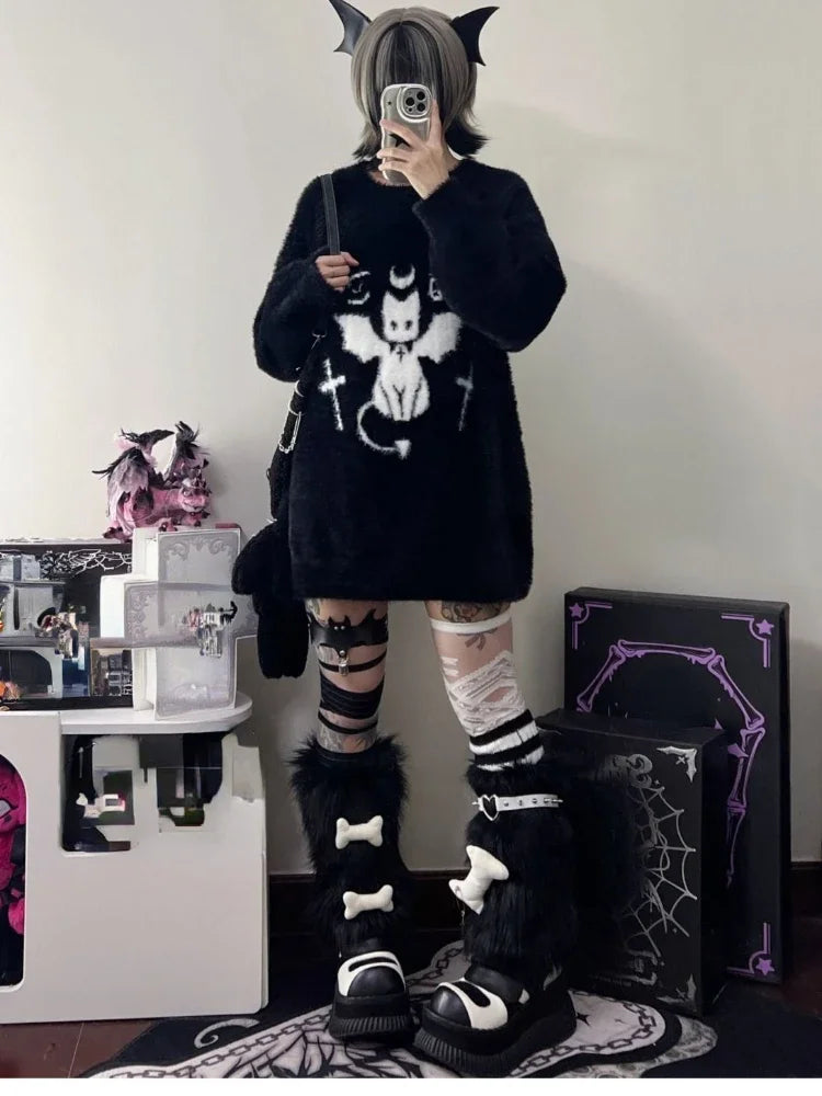 Harajuku Gothic Casual Oversized Knitted Jumpers Grunge Cartoon Sweater Fashion Knitwear Y2k Aesthetic Balack Loose Pullover