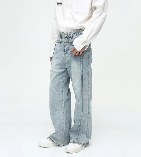 Men Wide Leg Denim Pants Solid Color Spliced Baggy Jeans Korean Style Casual Vintage Wash Trousers Trend Autumn 9C2964