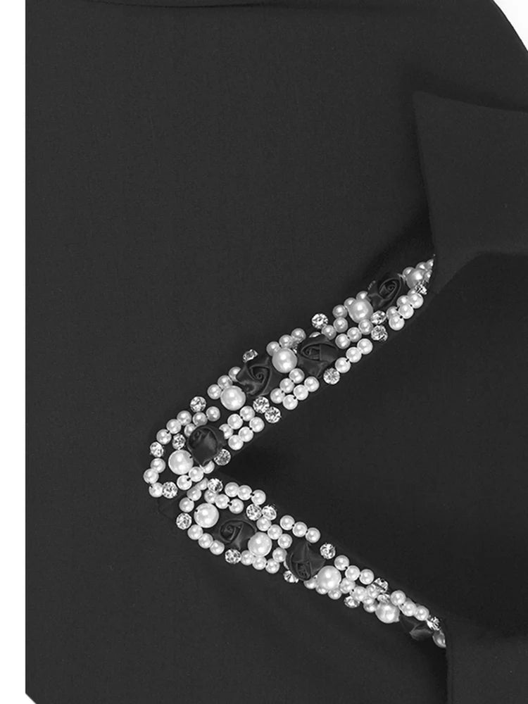 Women Black Flower Pearl Big Size Elegant Lace Midi Dress New V-Neck Short Sleeve Fashion Tide Spring Summer 2025 1DJ1419