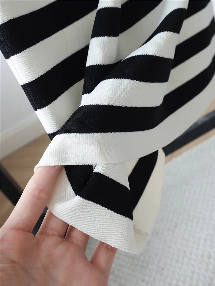 Luxury Spring Summer Contrast Stripe Knitted Sleeveless Tank Dress O-neck Loose Split Casual Long Dresses  C-008