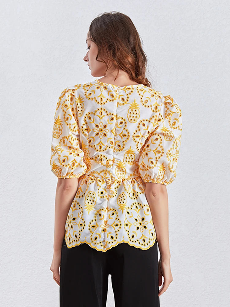 Slim Embroidery Shirt For Women Square Collar Lantern Sleeve Colorblock Blouses Female Spring Clothing Style