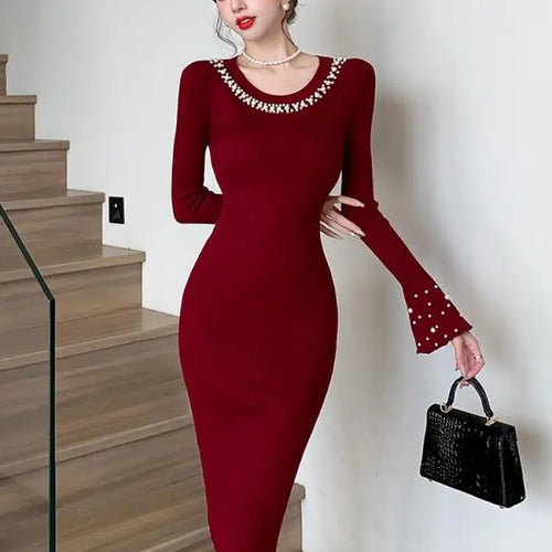 Load image into Gallery viewer, Korean Solid Pearl Simple Round Neck Long Sleeved Knitting Dress Women Elegant Long Sleeve Office Dress Autumn Winter 2024 Trend
