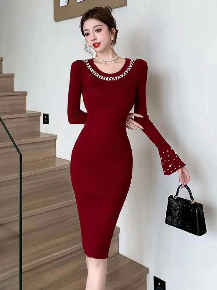 Korean Solid Pearl Simple Round Neck Long Sleeved Knitting Dress Women Elegant Long Sleeve Office Dress Autumn Winter 2024 Trend