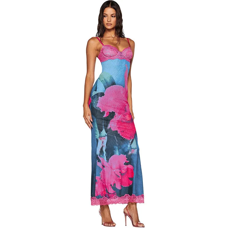 Spaghetti Strap Print Sexy Maxi Dress For Women Fashion Sleeveless Backless Bodycon Club Printed Long Dress Elegant