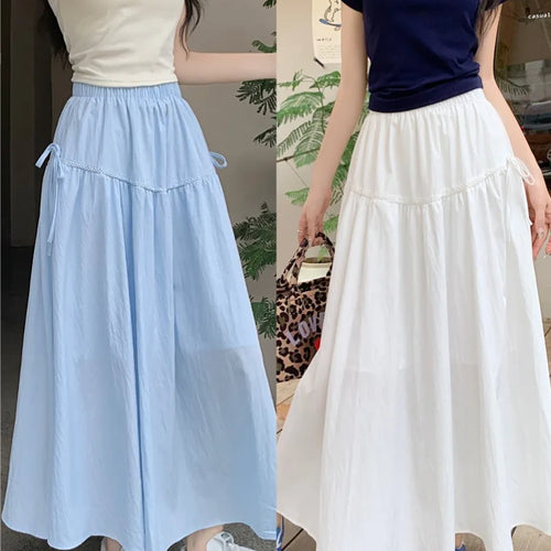Load image into Gallery viewer, Vintage White Elastic High Waist A-line Skirt For Women Blue Elegant Lace-up Pleated Long Skirt 2024 Summer Ladies Versatile New
