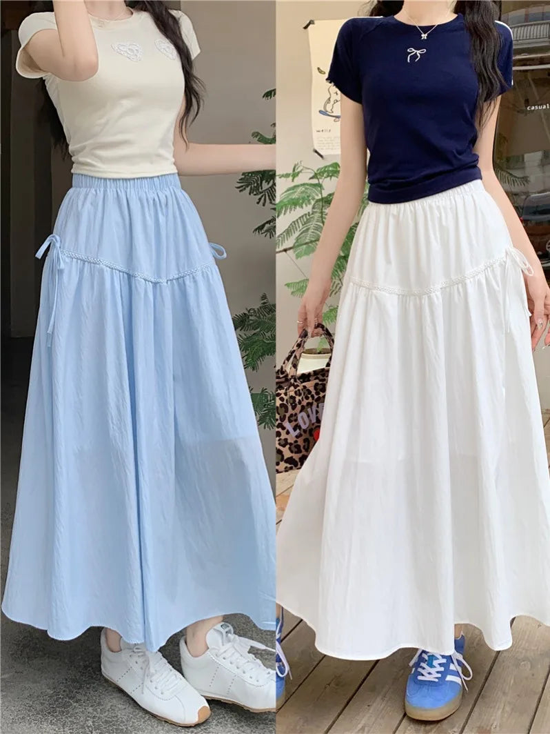 Vintage White Elastic High Waist A-line Skirt For Women Blue Elegant Lace-up Pleated Long Skirt 2024 Summer Ladies Versatile New