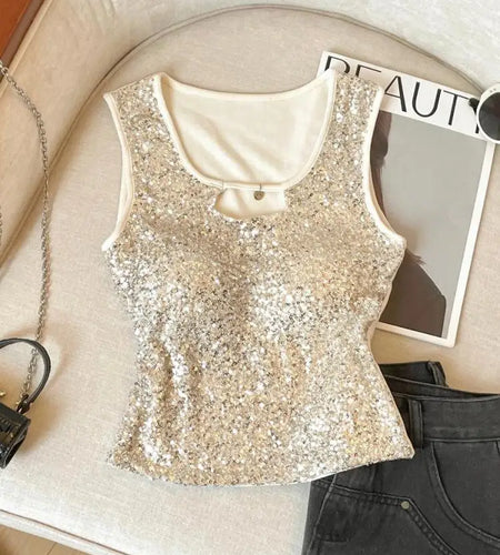 French Women Black Beige Sequin Elegant Sleeveless Vest Summer New Red Hollow Out Round Neck Holiday Short Tank Top Popular Chic