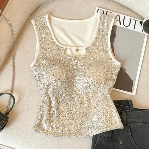 Load image into Gallery viewer, French Women Black Beige Sequin Elegant Sleeveless Vest Summer New Red Hollow Out Round Neck Holiday Short Tank Top Popular Chic
