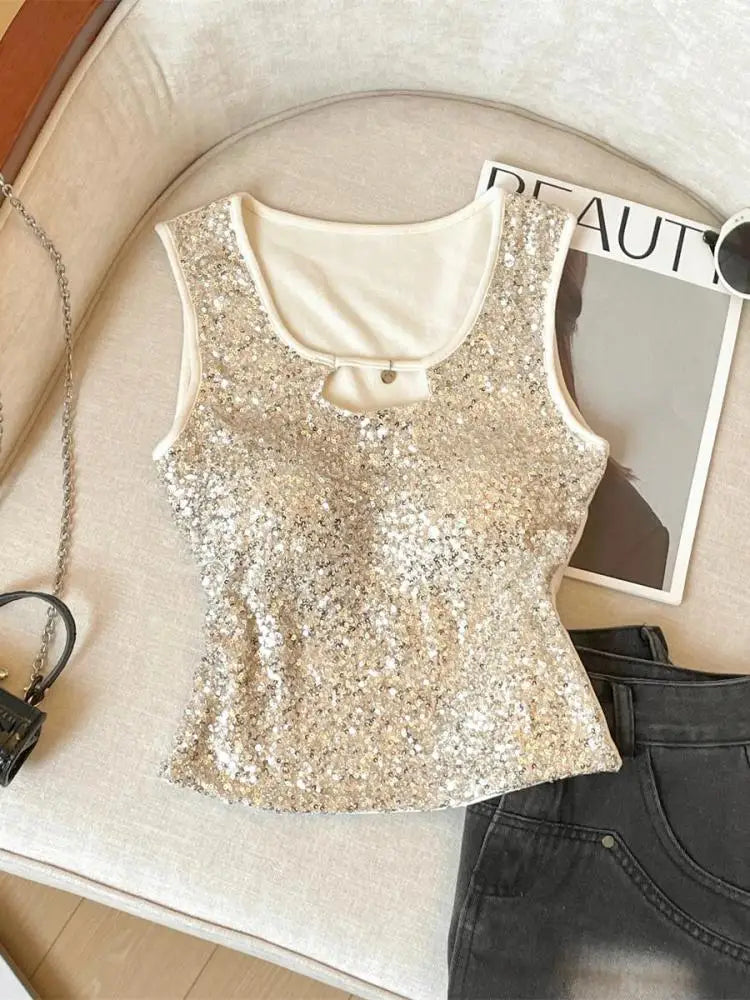 French Women Black Beige Sequin Elegant Sleeveless Vest Summer New Red Hollow Out Round Neck Holiday Short Tank Top Popular Chic