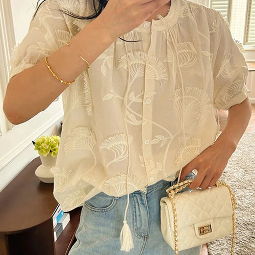 Load image into Gallery viewer, Patchwork Embroidery Shirts For Women Round Neck Puff Sleeve Spliced Single Breasted Casual Blouse Female Fashion
