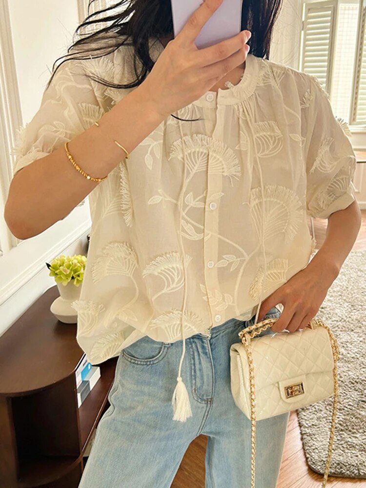 Patchwork Embroidery Shirts For Women Round Neck Puff Sleeve Spliced Single Breasted Casual Blouse Female Fashion