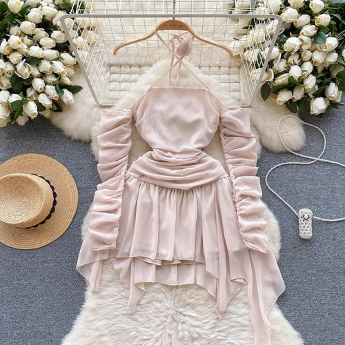 Load image into Gallery viewer, Autumn Pink Halter Bandage Mini Dress Women Sexy Club Temperament New Off Shoulder Korean Fashion Irregular Pleated Short Dress
