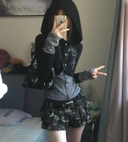 Y2k Aesthetic Fake Two Pieces Zipper Jackets Streetwear Casual Hooded Print Tops Vintage Patchwork Bodycon Coats Women Harajuku