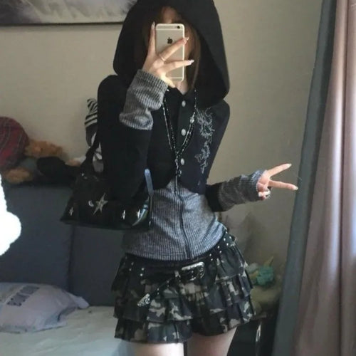 Load image into Gallery viewer, Y2k Aesthetic Fake Two Pieces Zipper Jackets Streetwear Casual Hooded Print Tops Vintage Patchwork Bodycon Coats Women Harajuku
