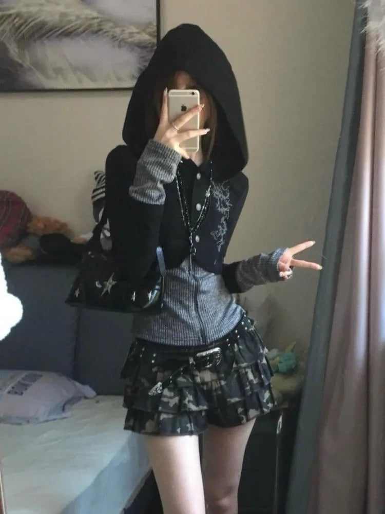 Y2k Aesthetic Fake Two Pieces Zipper Jackets Streetwear Casual Hooded Print Tops Vintage Patchwork Bodycon Coats Women Harajuku