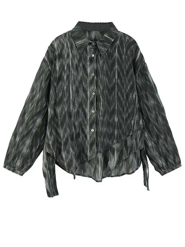 Women Coffee Tie Dye Ribbon Big Size Casual Blouse New Lapel Long Sleeve Shirt Fashion Tide Spring Autumn 2025 1DH5309