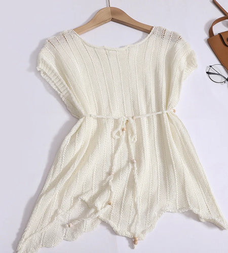 Korean Simplicity Solid Irregular Hollow Out Knit T Shirt Summer New Women Loose Round Neck Short Sleeve Lace-up Tops Popular