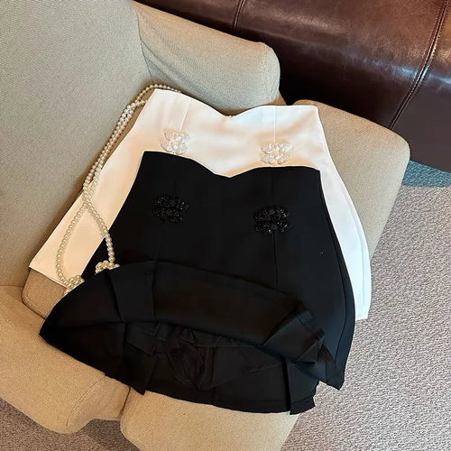 Load image into Gallery viewer, White Chinese Style Button Up Mini Skirts Women Black High Waisted Pleated A-line Wrapped Hip Short Skirt Chic Korean 2024 Retro

