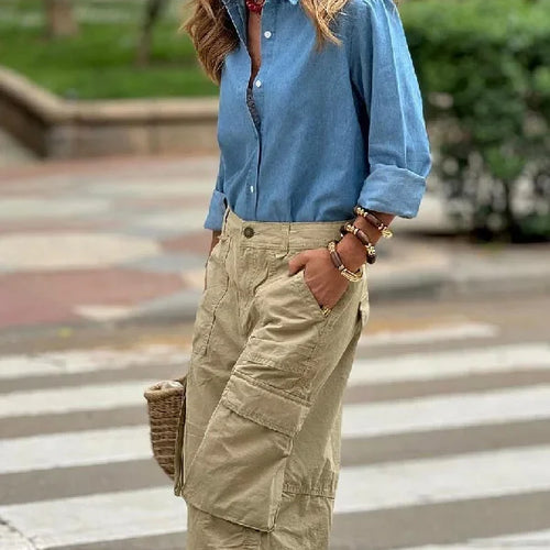 Load image into Gallery viewer, Summer Woman Wide Leg Capris Pants with Pockets New Trendy Split-joint Buttoned Loose Cropped Cargo Pants Female
