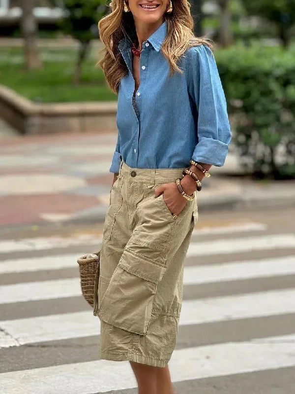 Summer Woman Wide Leg Capris Pants with Pockets New Trendy Split-joint Buttoned Loose Cropped Cargo Pants Female