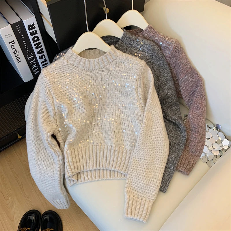 French Solid Sequins Knitted Sweater Women Autumn Winter 2023 New Fashion Long Sleeve O Neck Short Pullover Tops Casual Vintage