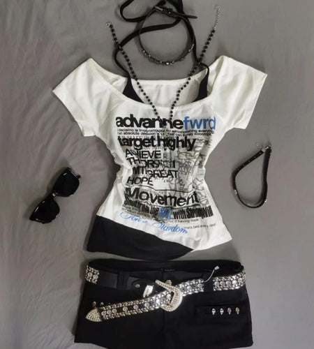 Streetwear Fake Two Pieces Halter Bandage Women T-shirt Harajuku Letter Printing Crop Tops Y2k Aesthetic Bodycon Grunge Tees